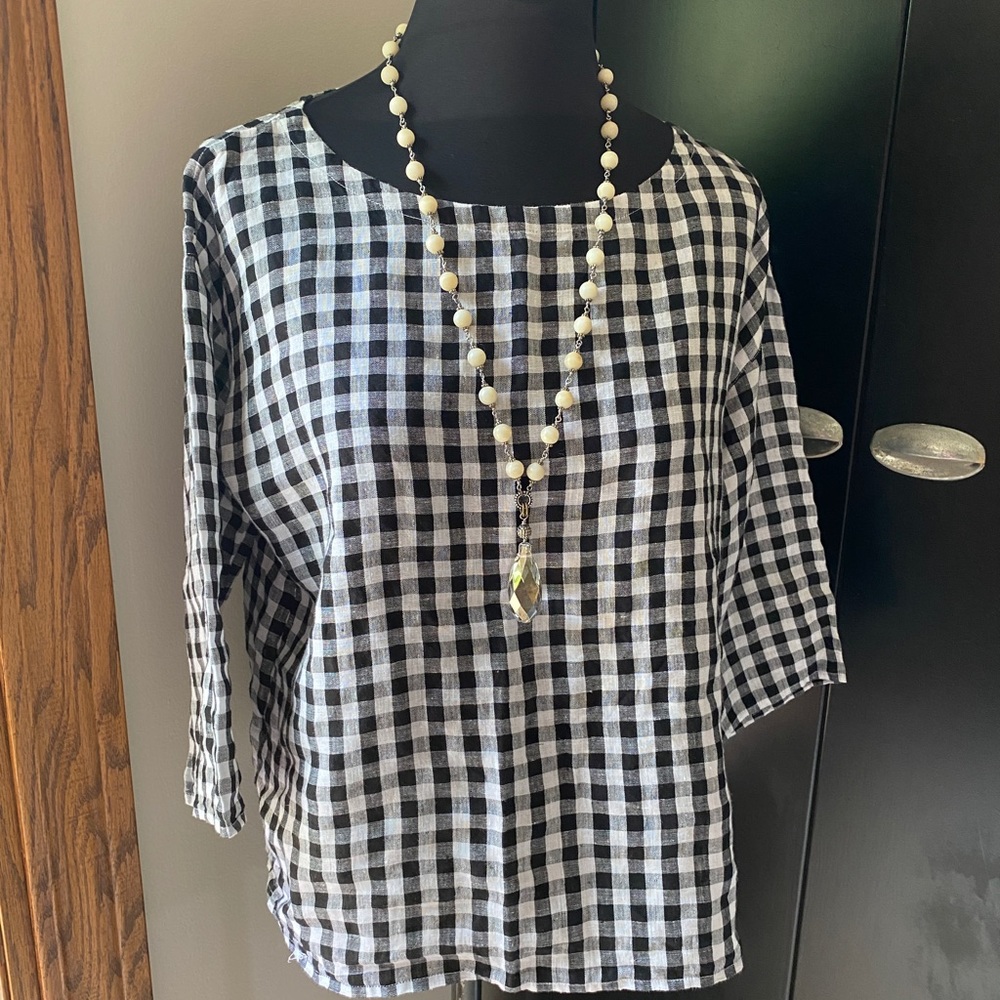 Eileen fisher organic linen boat neck gingham blouse